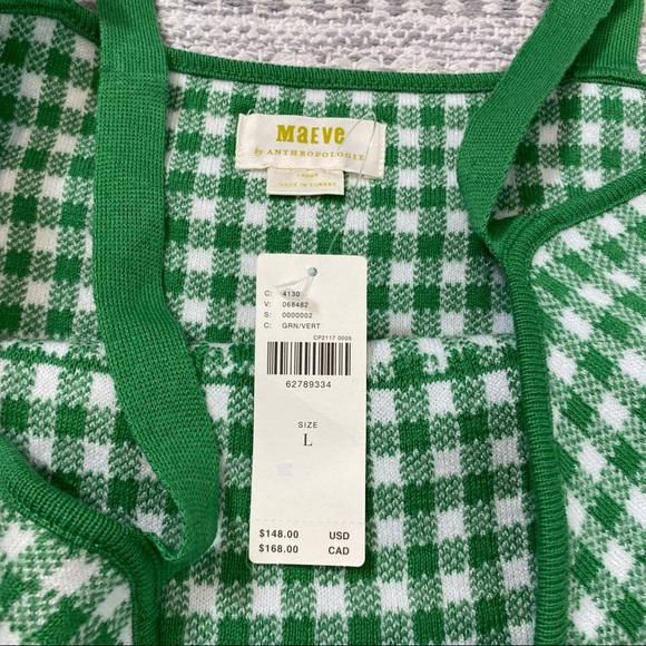 NEW Anthropologie Gingham Knit Mini Dress Green & White Check Stretch Mod Retro - Picture 3 of 12